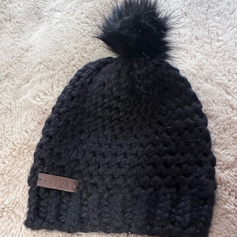 Pixie Charcoal Knit Hat with Brown Tag